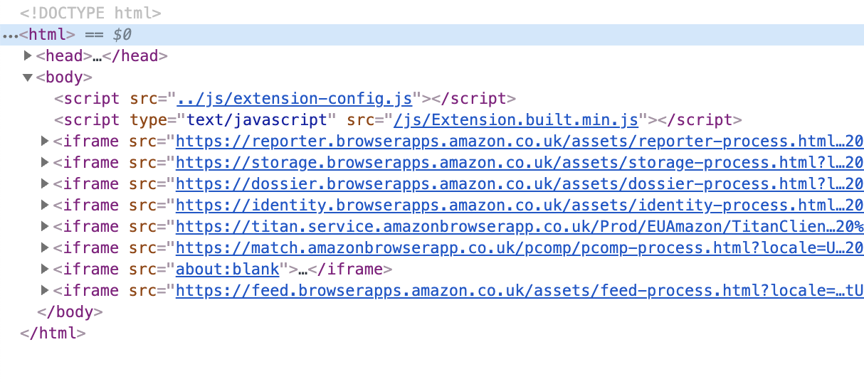 DevTools Elements tab for Amazon Assistent background page showing multiple iframes