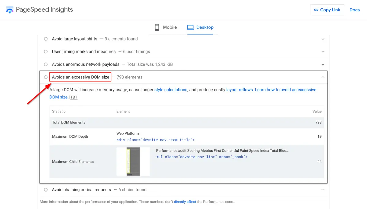 Avoids an excessive DOM size warning open in Page Speed Insights, total DOM elements value 793, maximum DOM depth value 19, maximum child elements value 44