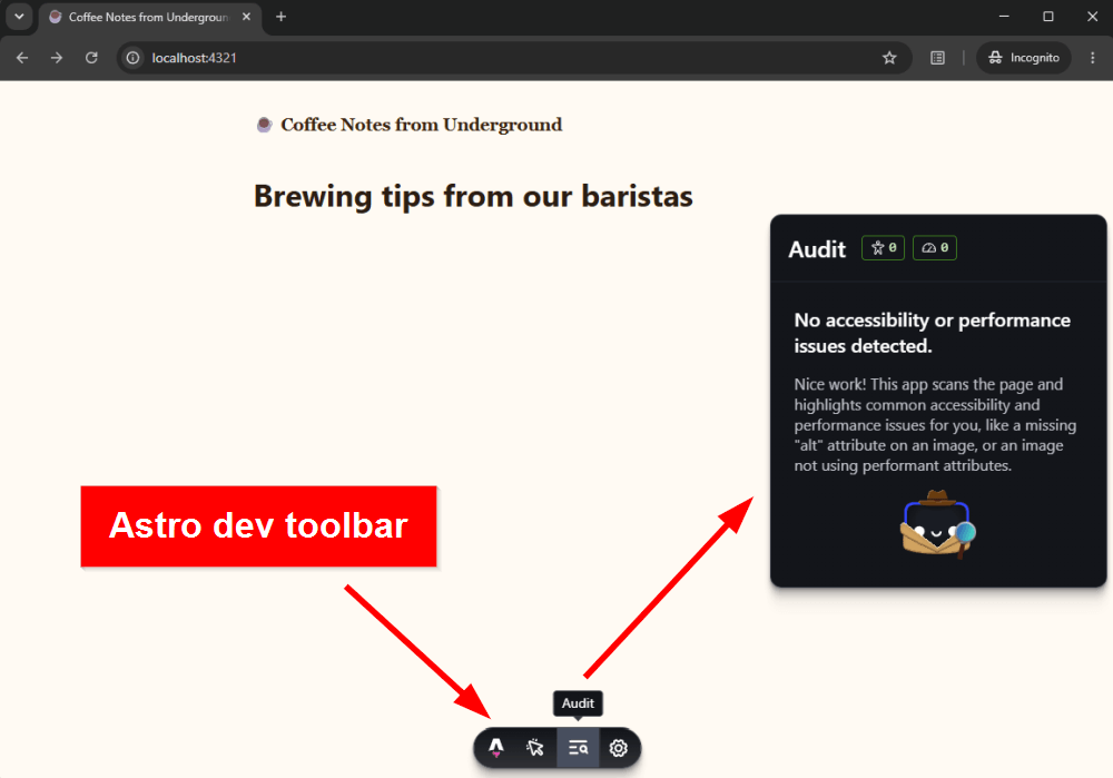 Placeholder homepage on the dev server showing the Astro dev toolbar with the Audit modal open