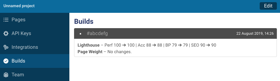 DebugBear CI builds tab