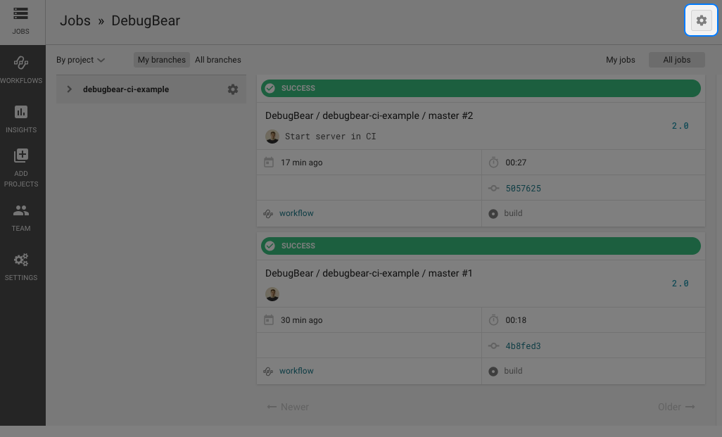 Gear settings icon for the CircleCI project