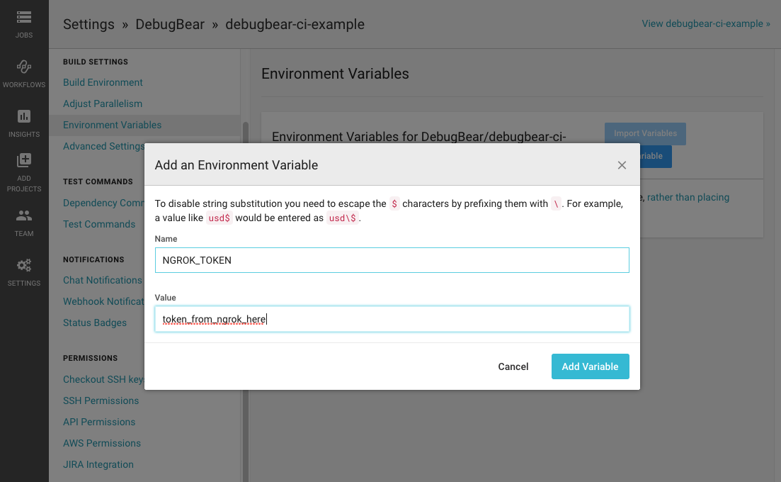 Adding the NGROK_TOKEN environement variable in CircleCI