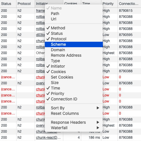 Context menu showing column options