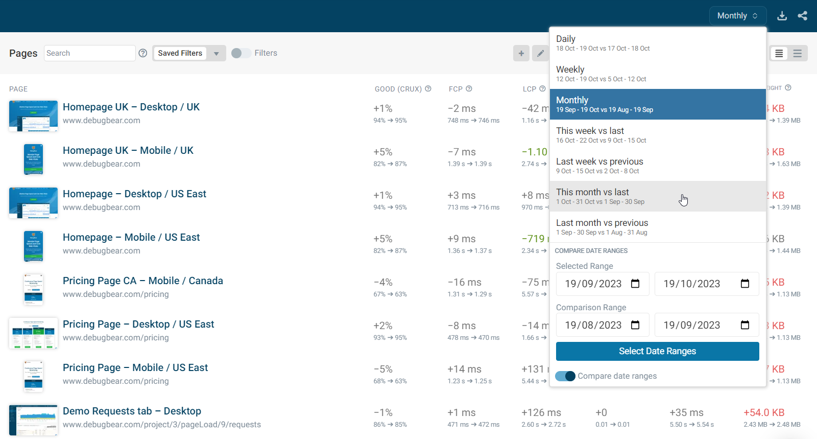 Compare date range results