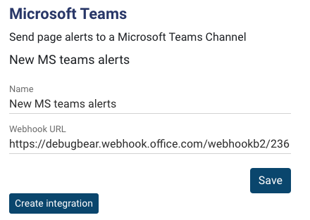 Microsoft Teams webhook URL on DebugBear