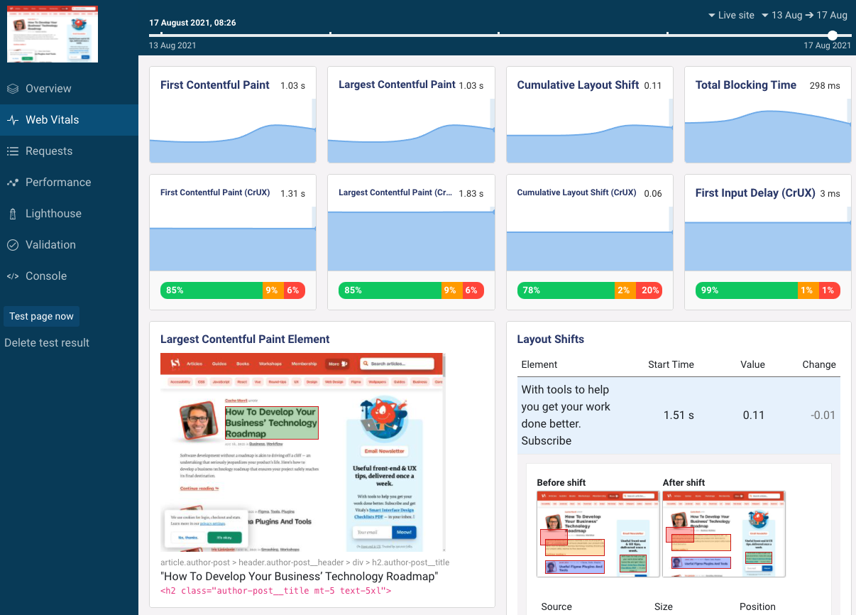 DebugBear Web Vitals tab