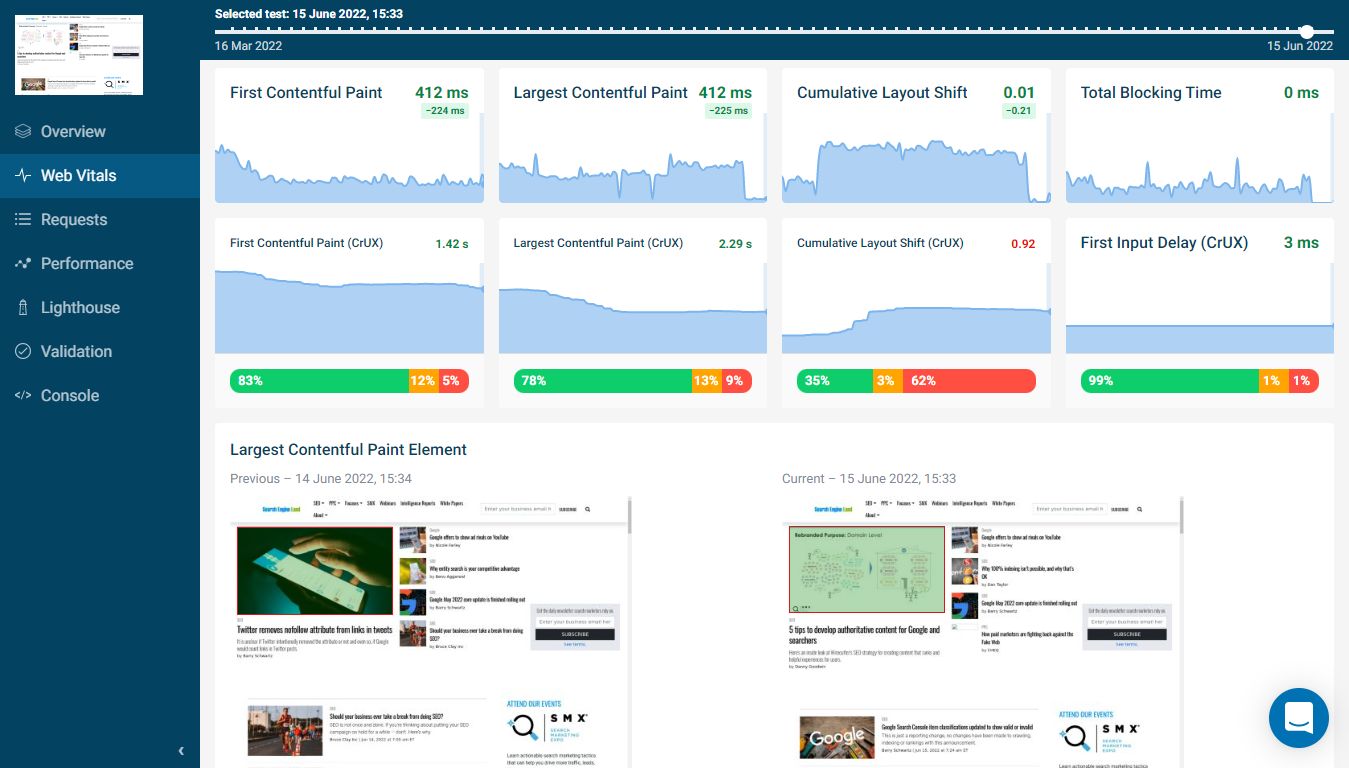 DebugBear detailed Web Vitals