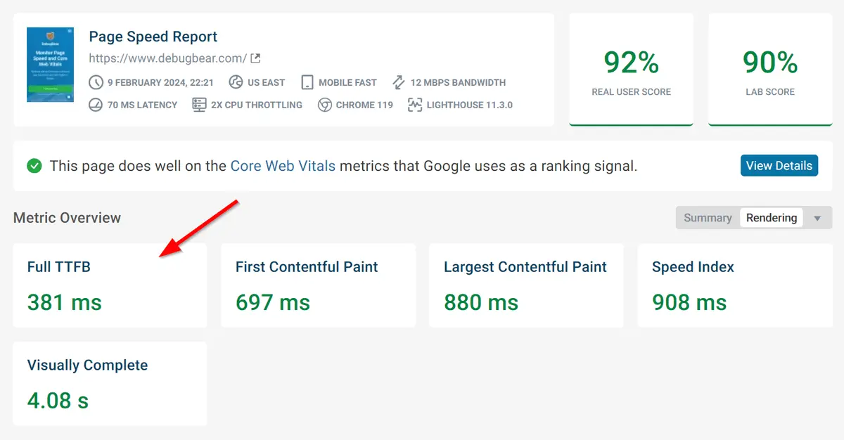 Full Time To First Byte score, test result, full TTFB is 381 milliseconds