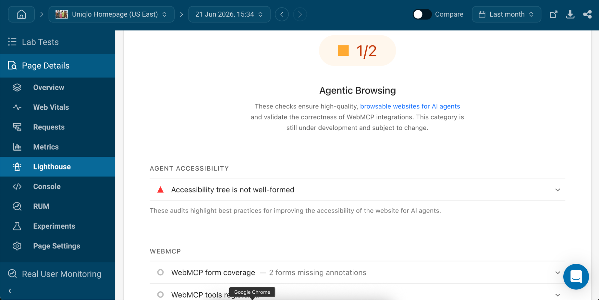 Agentic Browsing section in a DebugBear Lighthouse report