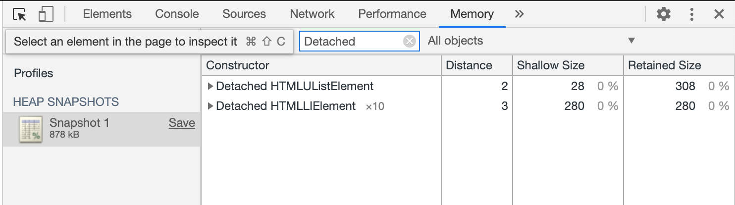 Heap snapshot showing detached HTMLULListElement