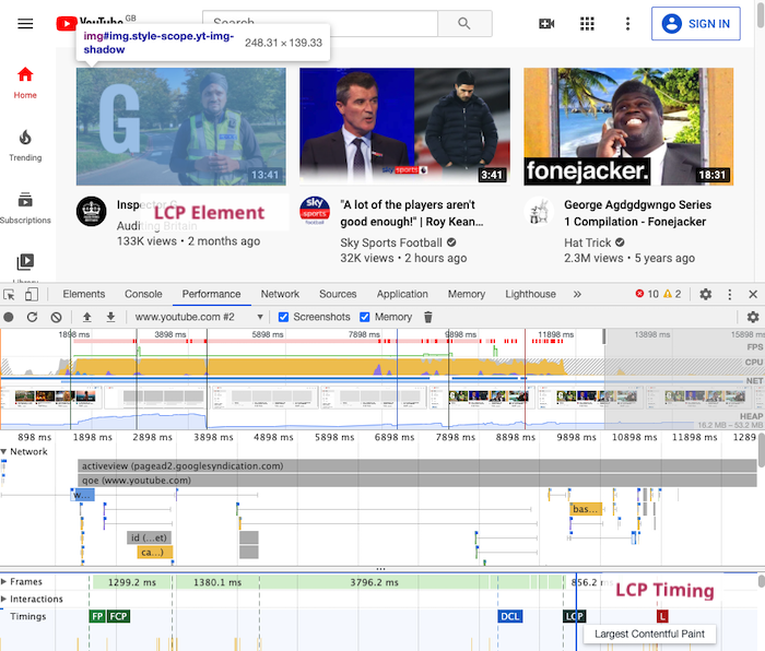 Largest Contentful Paint timing and element in DevTools