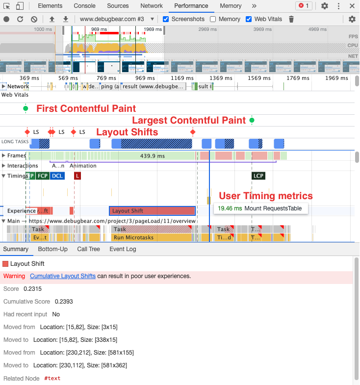 Web Vitals and other timings in Chrome DevTools