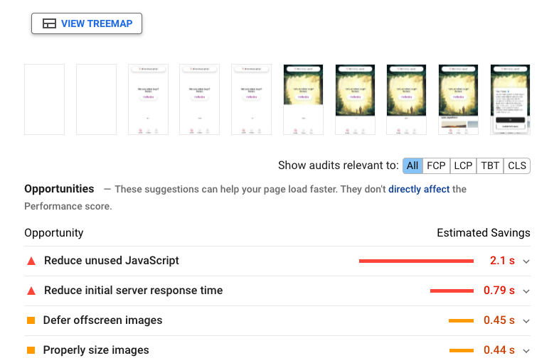 PageSpeed Insights Lighthouse diagnostics data