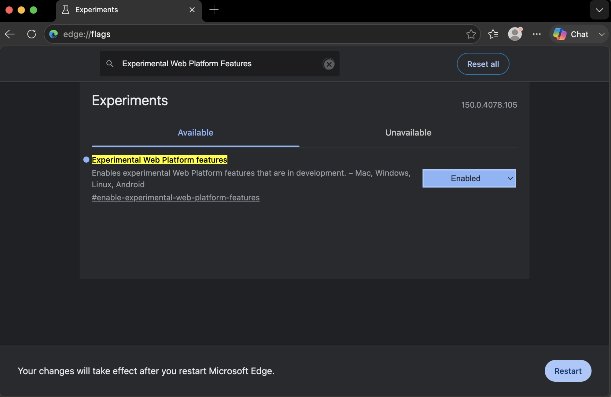 Enabling experimental web platform features in edge://flags