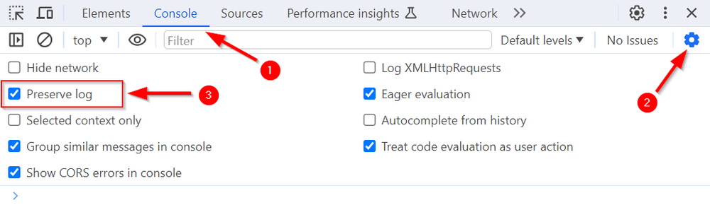 Location of the Preserve log option in the Console&#39;s settings