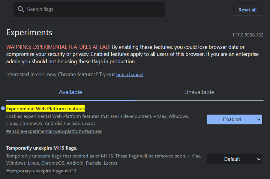 Enable Experimental Web Platform Features flag, Google Chrome