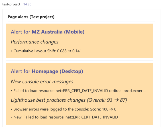 Website performance alert in Microsoft Teams