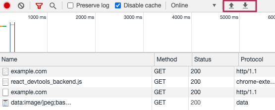 DevTools import and export HAR buttons