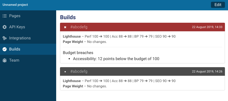 Failing build in builds tab