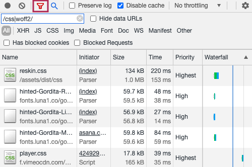 DevTools network requests regex filtering