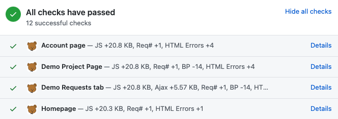 Github status and check runs for Lighthouse scores and page weight