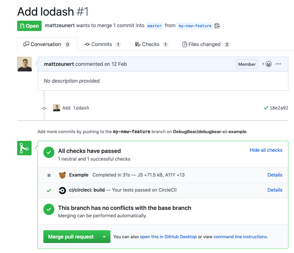 Lighthouse scores and page weight changes in Github check result