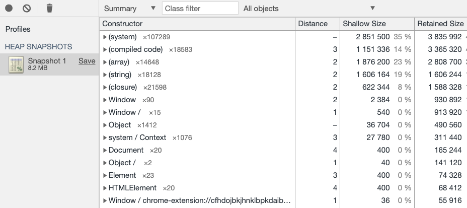 Heap snapshot showing compiled code, arrays, strings, and much more