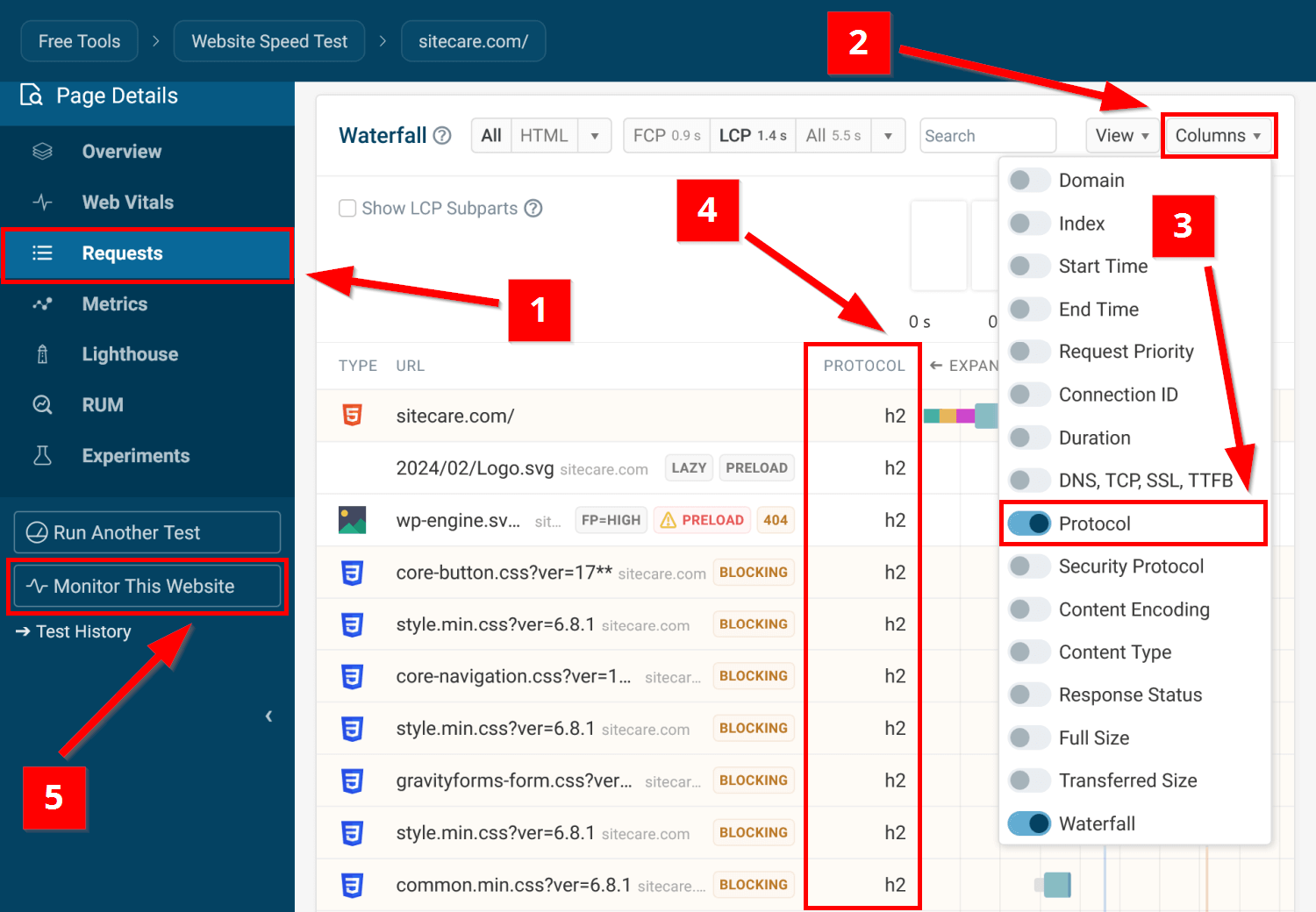 Request waterfall chart in DebugBear, showing HTTP/3 vs HTTP/2