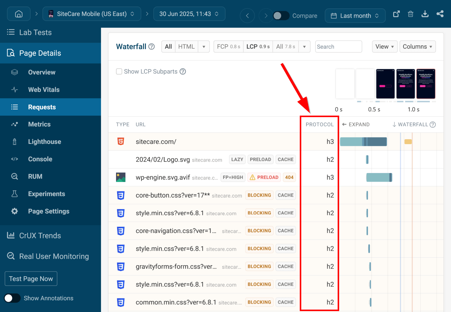 HTTP/3 vs HTTP/2 protocol versions on a request waterfall chart, test run with warm load