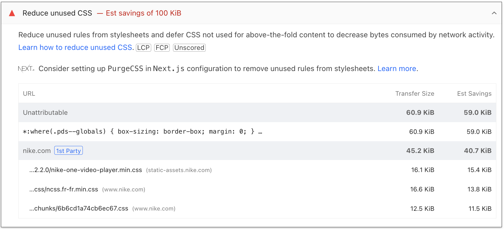 Expanded PageSpeed Insights detail