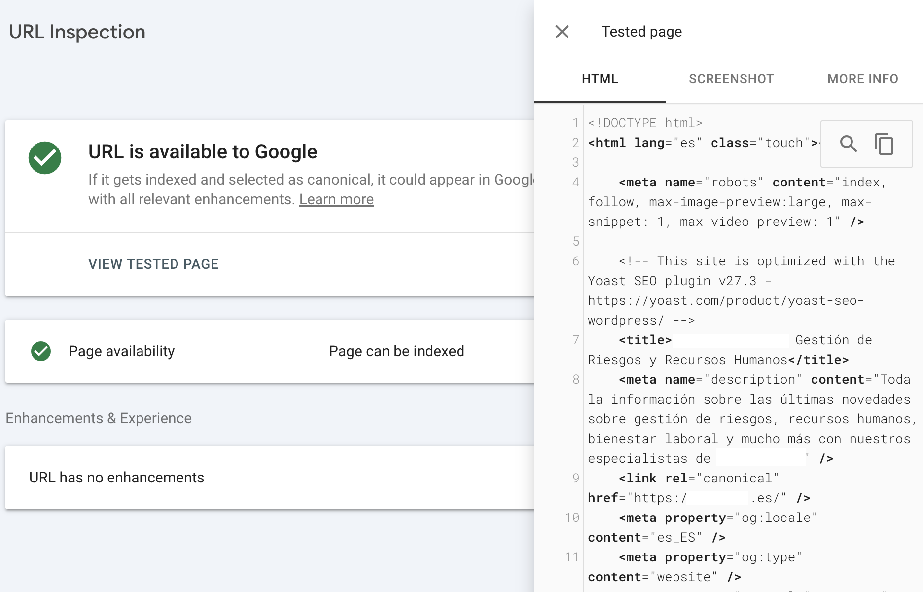 Rendered page view in Google Search Console