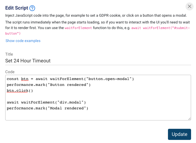 Script capturing custom timings in user journey