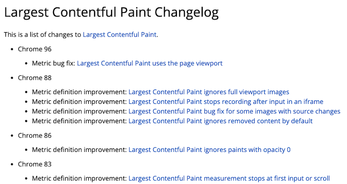 Changes to the LCP metrics definition over time