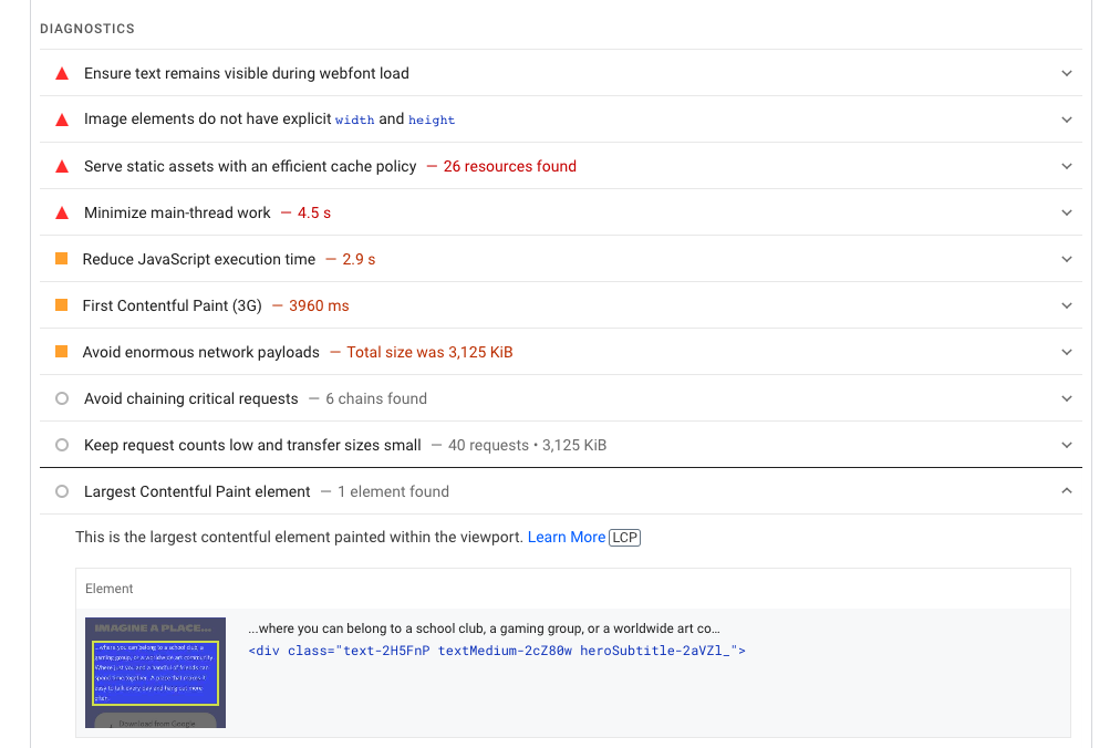 Largest Contentful Paint element in Lighthouse report