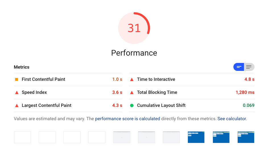 Filmstrip in Lighthouse performance report