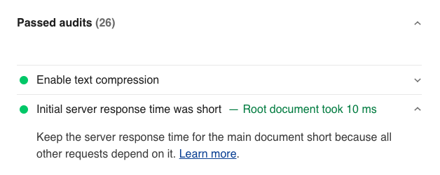 Good TTFB in the Lighthouse report