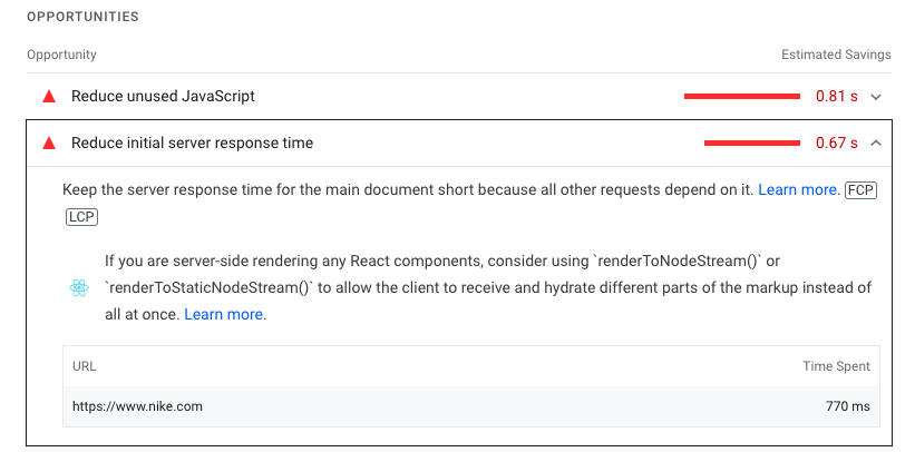 Poor TTFB in the Lighthouse report