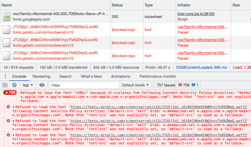 LINER CSP errors in console