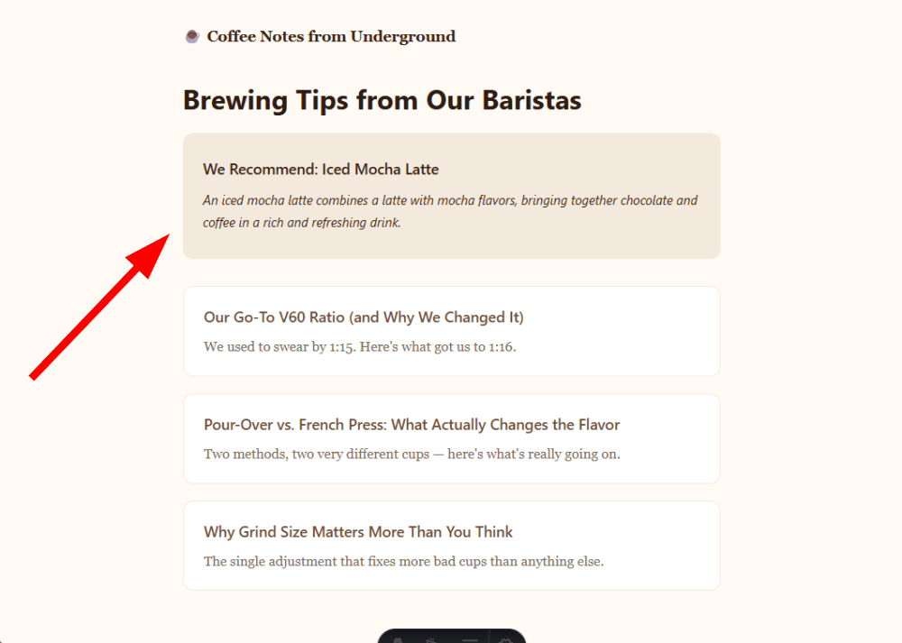 Coffee recommendation added to the homepage using a live content collection