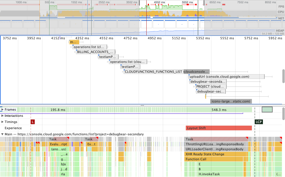 Waterfall showing requests made to load the list of cloud functions