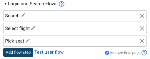 Flow steps example: search, select flight, and pick seat