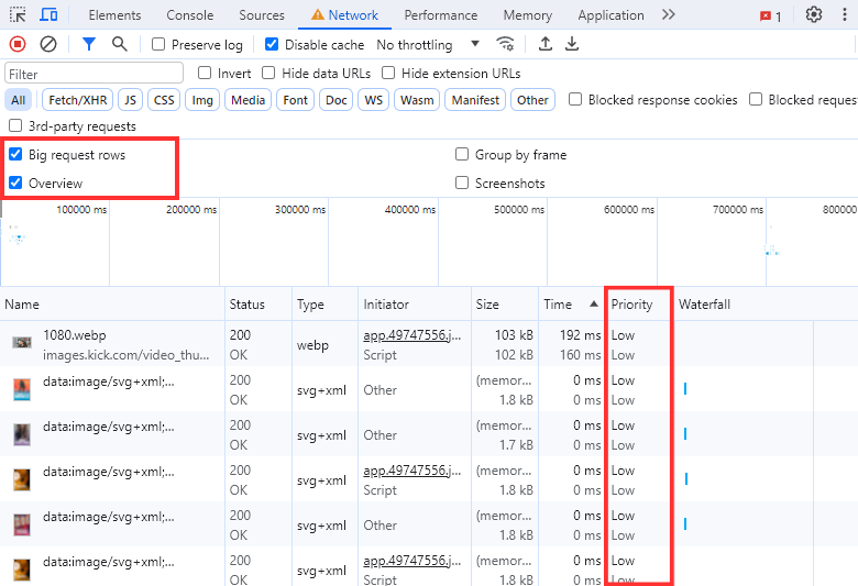 Chrome DevTools network column selector