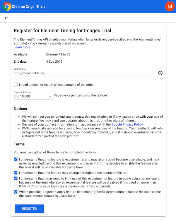 Signup form for the element timing api origin trial