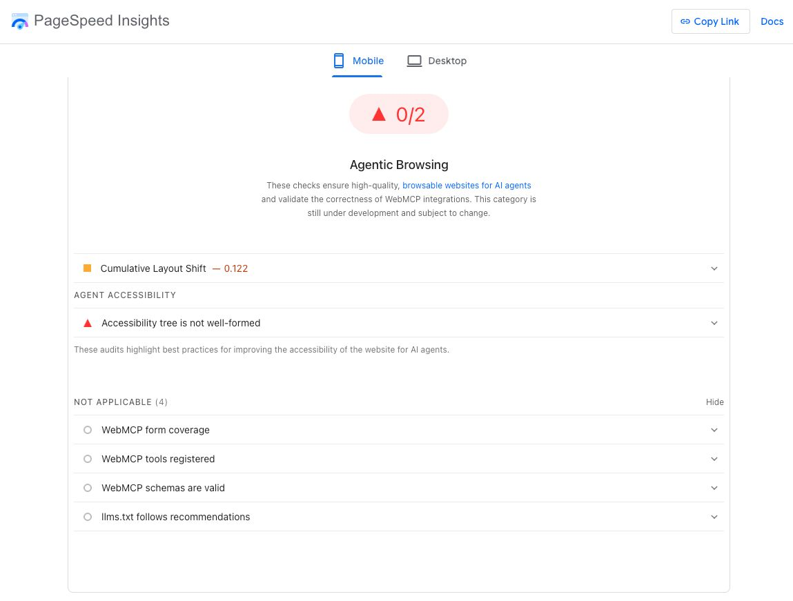 PageSpeed Insights Agentic Browsing section
