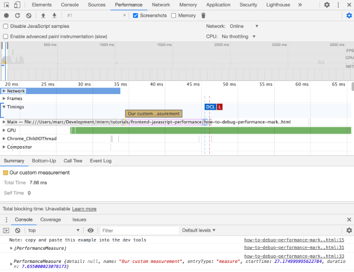User timings in Chrome DevTools