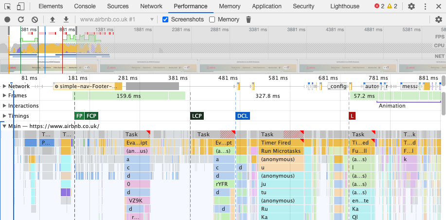 Chrome DevTools performance tab