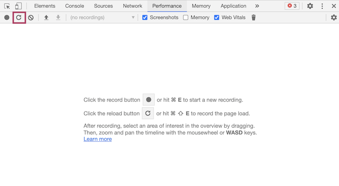 Empty DevTools performance tab