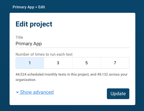 Project settings showing the name and how many performance tests are run