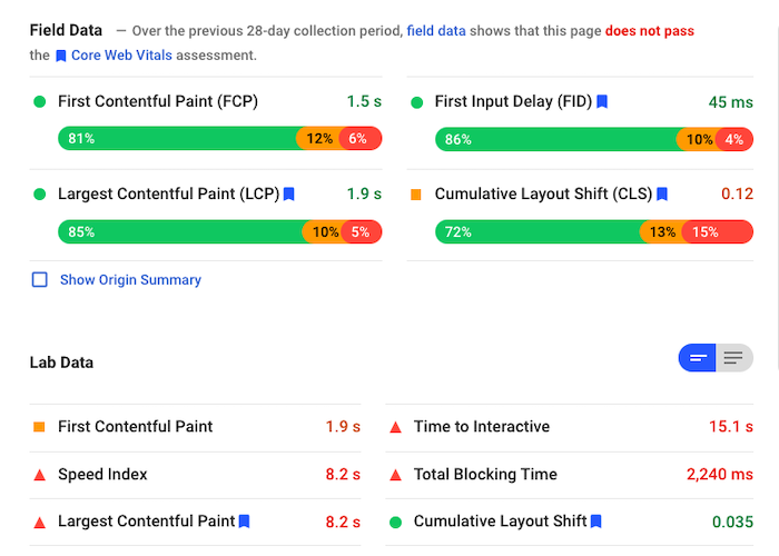 PageSpeed Insights report showing discrepancies between lab and field data