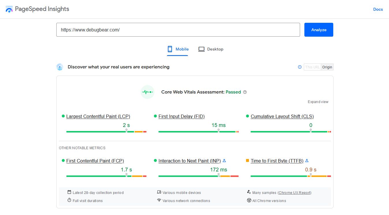 PageSpeed Insights test example